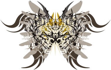 Fototapeta premium Awful butterfly wings in pastel tones. Abstract dangerous butterfly with an unusual pattern inside and elements of eagle feathers on a white background for wallpaper, prints, textiles, etc.