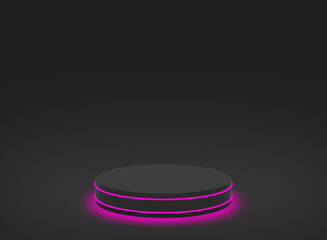 3d red neon light with black cylinder podium minimal studio black dark background. Abstract 3d geometric shape object illustration render. Display for technology and business game product.