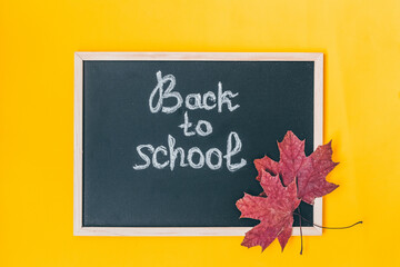 Back to school concept written by hand on chalkboard on yellow background with autumn leaves