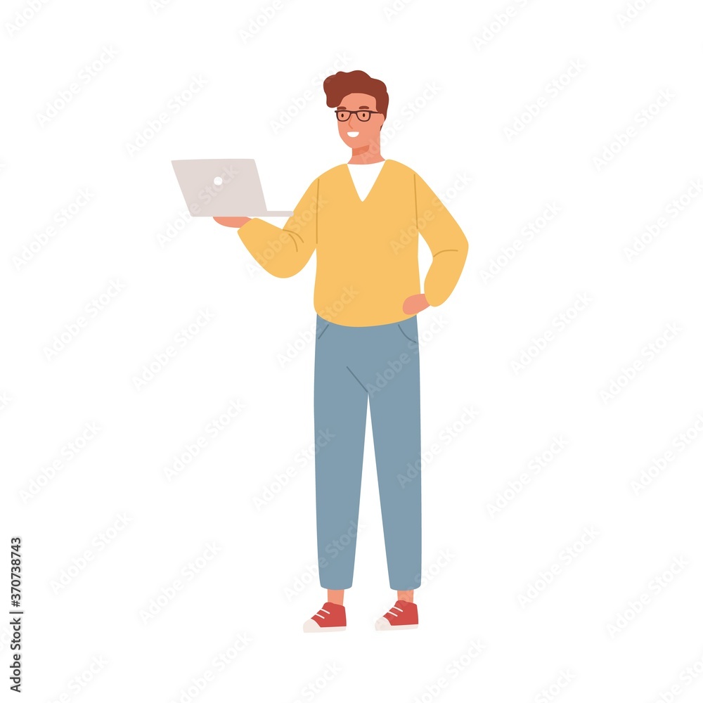 Poster smiling programmer, coder, businessman, it worker, specialist holding, watching laptop. young man, b