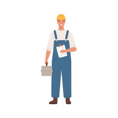 Builder man or engineer standing with toolkit in professional uniform, helmet and dungarees. Repair service, laborer or constructor work. Flat vector cartoon illustration isolated on white background