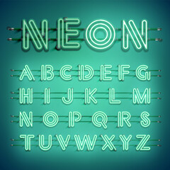 Realistic dashed neon font with shadows, glow and wires