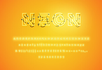 Realistic dashed neon font with shadows, glow and wires