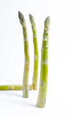 Bunch of raw asparagus stems isolated on white. Edible Asparagus Officinalis sprouts laid on paper...