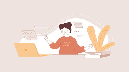 Online education concept vector illustration. Happy girl tells homework. Remote communication using laptop. Female looking at computer screen. Video calling, chat with skype tutor, distance learning.