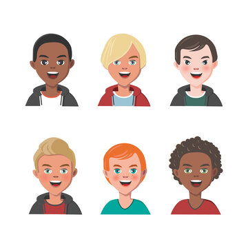 Set of Boys Avatars. Six Characters from Different Subcultures and Social Strata. Smiling Cute Boys. Diversity of Cultures. Vector Illustration.
