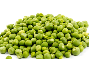 Green young peas, isolated on white background. Close-up. Top view