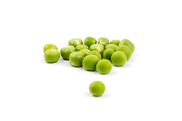 Green young peas, isolated on white background. Close-up. Top view