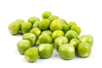 Green young peas, isolated on white background. Close-up. Top view