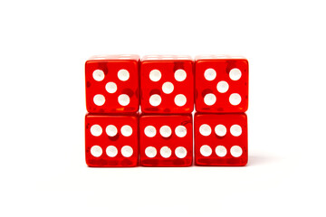 Transparent and red glass dices isolated on white background.