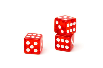 Transparent and red glass dices isolated on white background.