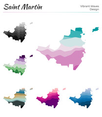 Set of vector maps of Saint Martin. Vibrant waves design. Bright map of island in geometric smooth curves style. Multicolored Saint Martin map for your design. Charming vector illustration.