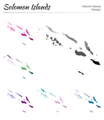 Set of vector maps of Solomon Islands. Vibrant waves design. Bright map of country in geometric smooth curves style. Multicolored Solomon Islands map for your design. Elegant vector illustration.