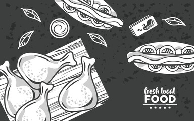 fresh local food lettering drawing in black color background