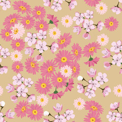 Seamless vector illustration with blooming sakura and gerbera