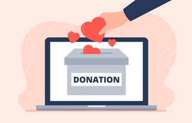 Online donation concept. A hand putting donations in the box. Voluntary assistance, charity, help. Trendy vector flat illustration.