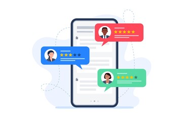 Feedback customers review on a phone screen. People evaluating product, service. Website rating feedback concept. Trendy vector flat illustration. - obrazy, fototapety, plakaty