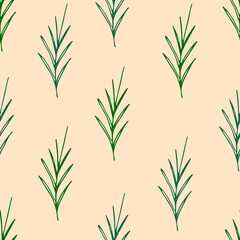 Simple gentle calm vector seamless pattern. Green outline of palm leaves, grass, twigs on a light pink background. For prints of fabric, textiles, clothing.