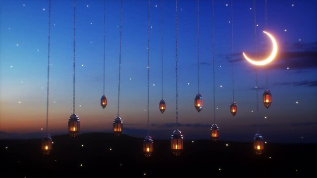 Ramadan candle lanterns are hanging on dawn sky background with glowing stars and a crescent.