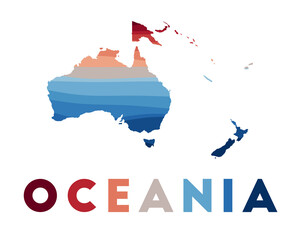 Oceania map. Map of the continent with beautiful geometric waves in red blue colors. Vivid Oceania shape. Vector illustration. - obrazy, fototapety, plakaty