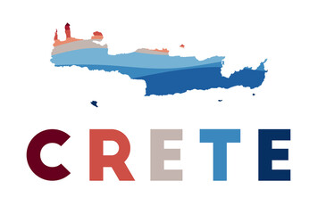 Crete map. Map of the island with beautiful geometric waves in red and blue colors. Vivid Crete shape. Vector illustration.