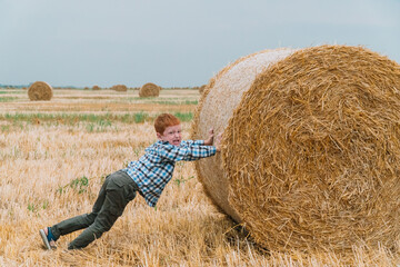 Naklejka na ściany i meble Red-haired boy pushing a bale of straw in the middle of a wheat field with bales on a summer evening