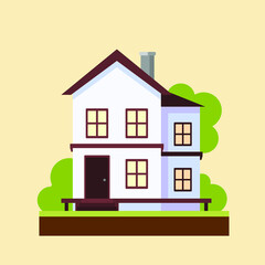 Vector graphics. Image of a two-story house surrounded by trees