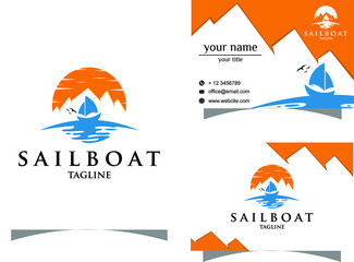 business logo design with boat and mountain