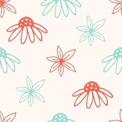 Gentle light calm floral seamless vector pattern. Sky blue, red-coral outline of daisy flowers on a pale pink background. For prints of fabric, textile, cotton.