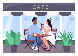 Marriage proposal flat color vector illustration. Romantic dinner date. Man propose to woman with diamond ring. Multiethnic couple 2D cartoon characters with cafe storefront on background