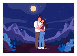 Obraz premium Midnight romantic date flat color vector illustration. Man and woman outdoors. Boyfriend hug girlfriend outside. Young couple 2D cartoon characters with nighttime landscape on background