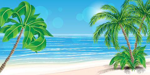 Illustration with beautiful tropical beach and palm trees.