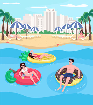Young people relaxing at beach flat color vector illustration. People floating on air mattresses. Donut shaped float. Summertime holidays 2D cartoon characters with cityscape on background