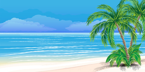 Fototapeta na wymiar Illustration with beautiful tropical beach and palm trees.