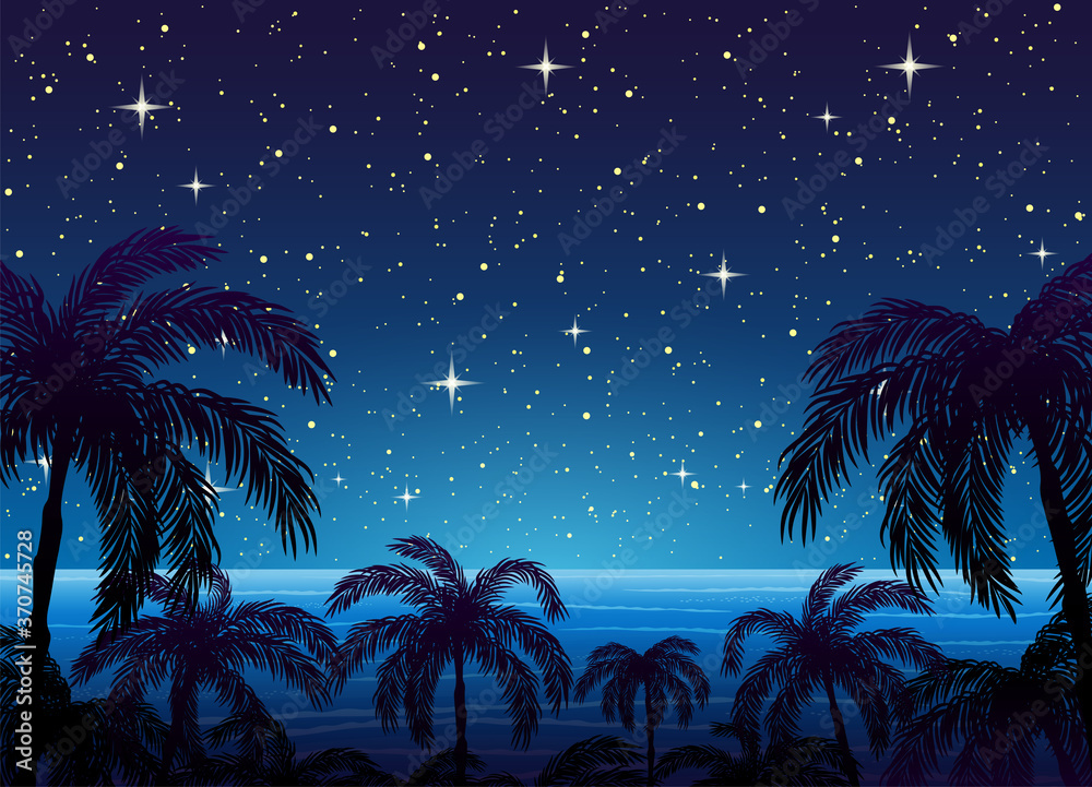 Wall mural illustration with silhouettes of palm trees on the background of the ocean and the starry sky.