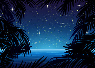 Fototapeta na wymiar Illustration with palm leaves on the background of the ocean and night starry sky.