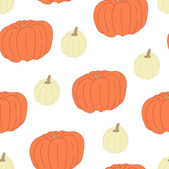 Vector seamless pattern with orange and white pumpkins on white background. Great for fabrics, wrapping papers, wallpapers, covers. Autumn farming garden theme.