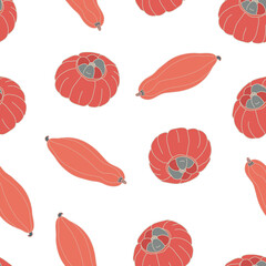 Vector seamless pattern with red turban squashes and elongated pumpkins on white background. Great for fabrics, wrapping papers, wallpapers, covers. Autumn farming garden theme.
