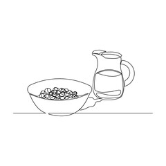 Continuous line drawing of a bowl of cereal breakfast and pitcher of milk. Single line concept of healthy food. Vector illustration