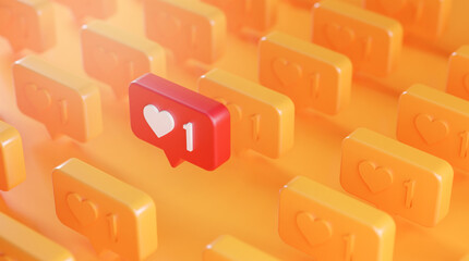 Stand out Love Notification Icon Concept in The Row 3D Rendering Orange Background - 370746170