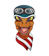 Biker Raptor head with helmet and googles and bandana on neck. Illustration for print on cloths and motor bike clubs and teams. Dinosaur mascot motorcycle rider. Isolated. 