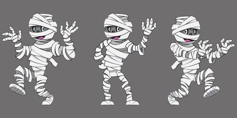 Mummy in different poses. Halloween character in cartoon style.