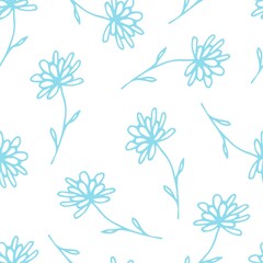 Fototapeta na wymiar Gentle calm floral vector seamless pattern. Light blue outline of flowers, twigs on a white background. For prints of fabric, textile products, packaging, clothing.