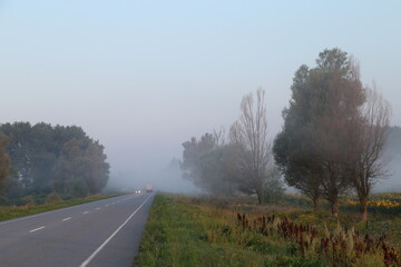 Car road in the morning in fog