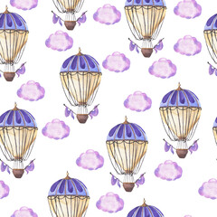 Seamless pattern with beige and violet hot air balloons and lilac clouds on white background. Hand drawn watercolor illustration.