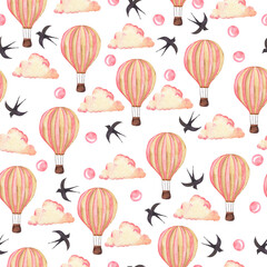 Seamless pattern with pink hot air balloons, pink clouds and birds on white background. Hand drawn watercolor illustration.