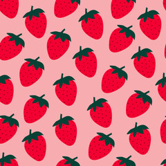 Strawberry seamless pattern. Red strawberries on pink. Large bright berries. Berry pattern for textiles, web banner, postcards. Fresh summer fruits. Red berries and fruits.