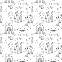 Friendly aliens. Seamless pattern drawn by one line. Stock vector illustration.
