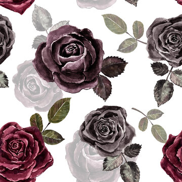 Vintage style floral seamless pattern with watercolor burgundy and black dark roses and leaves on white background. Romantic botanical retro print. Beautiful wallpapers.
