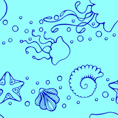Fototapeta na wymiar Sea seamless pattern with seashells and jellyfish doodle, vector illustration.